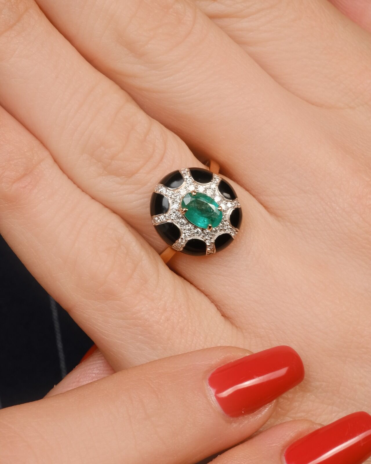 Pırlanta Taşlı 14 Ayar Altın Emerald Taşlı Yüzük